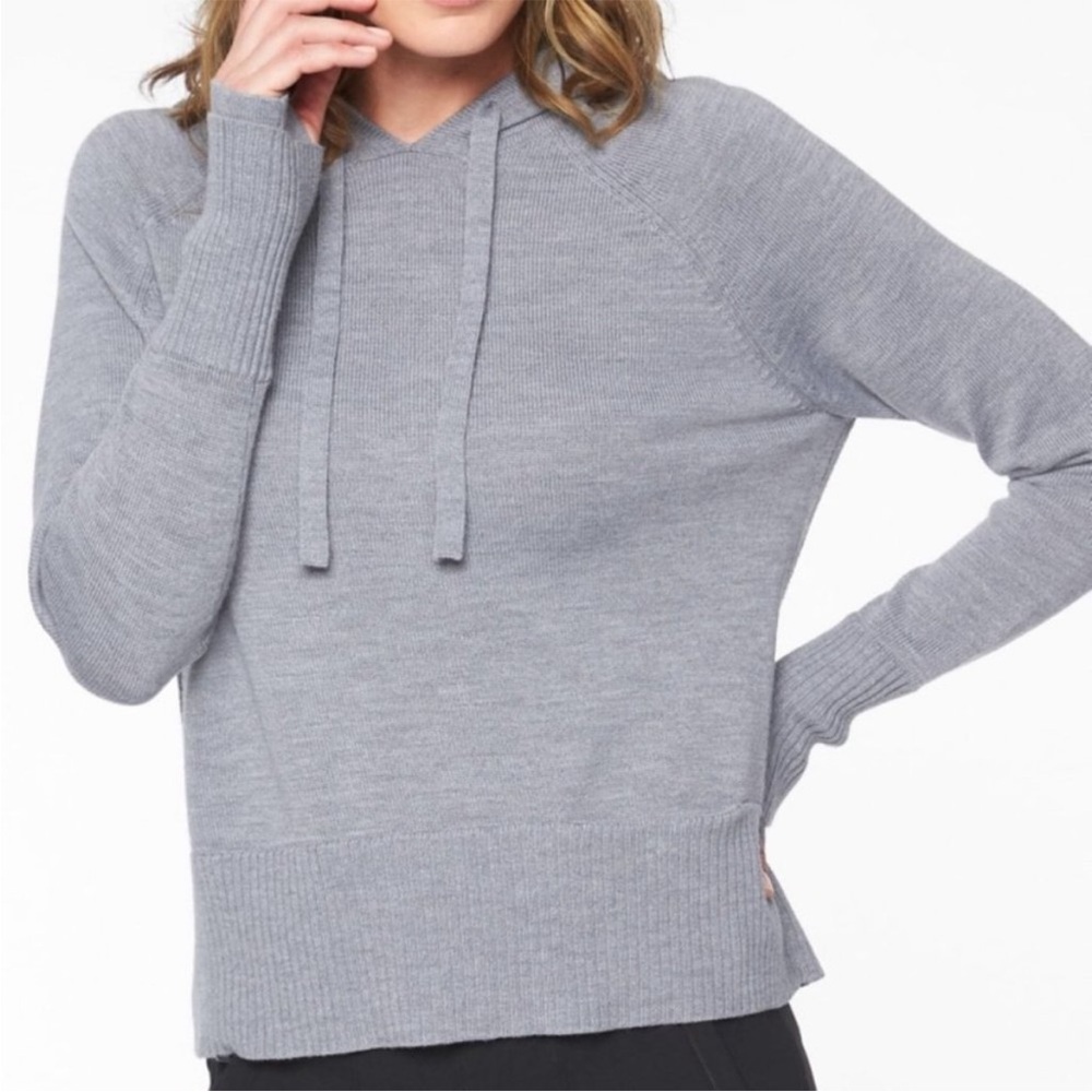 ATHLETA Verona Merino Wool Blend Mesh Back Hooded Gray Sweater Medium | EUC